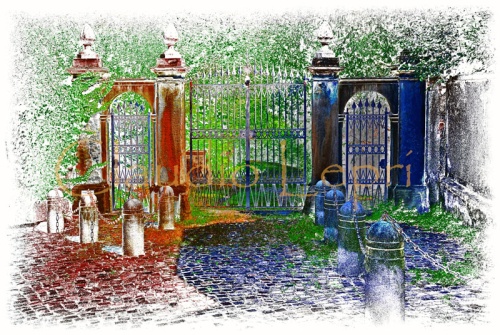 Colorful whimsical gate - Entrance gate with classical detail. I digitally manipulated my original photograph to create a colorful whimsical magic picture.  